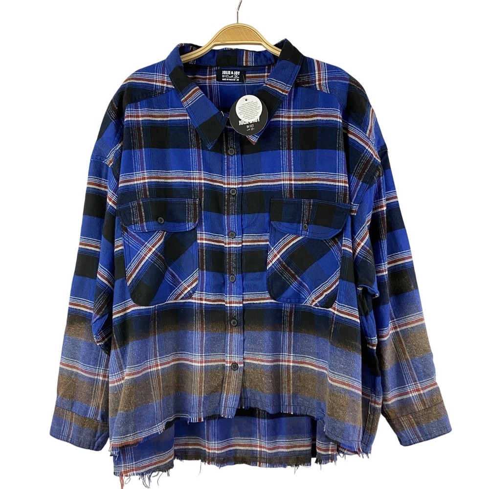 Boho Ombre Button Up Flannel Shirt Women 2X Navy Plaid Indie Grunge Fray Hem NWT